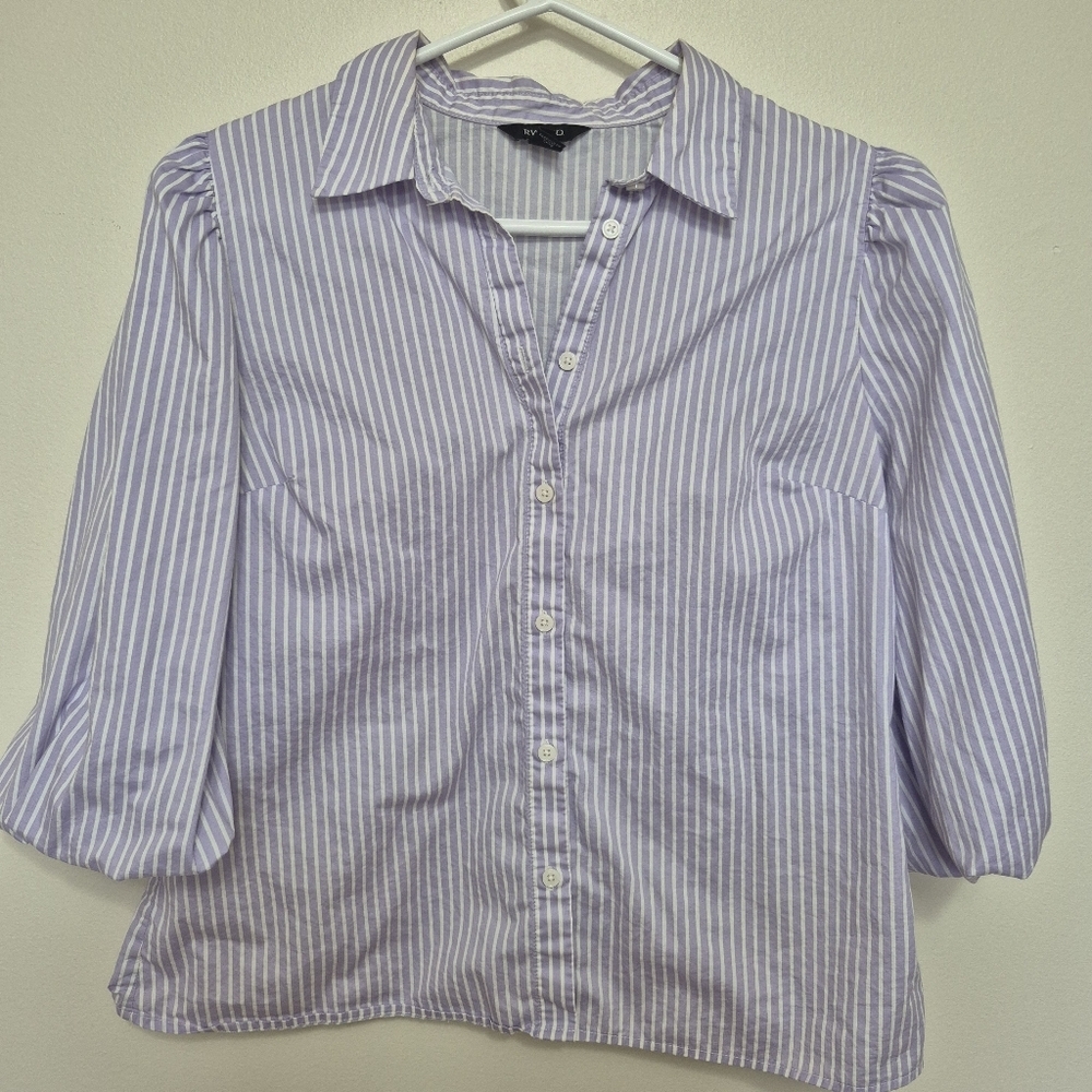 RW&CO Women's Purple White Striped Button Down Blouse With Puff Sleeves Size S - Picture 2 of 8